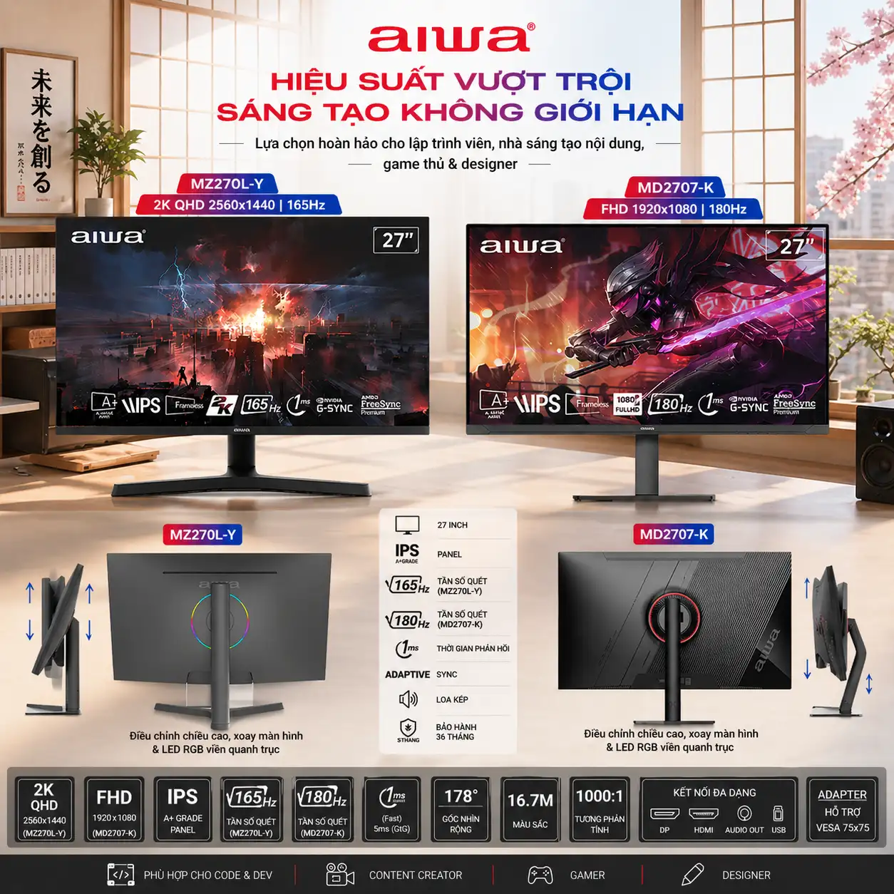 Màn hình máy tính Aiwa MZ270L-Y và MD2707-K